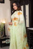 Poppy Vector Handpainting on a Pastel Green-Organza Hand-painted Sari-022