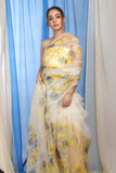 Yellow Grey Vector Floral on Ivory White Organza Hand-painted Sari-050