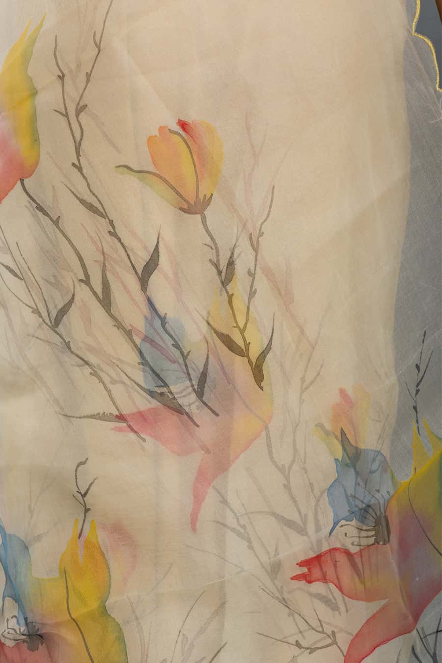 Birds of Paradise Flower Organza Hand-painted Sari-041 - indeloom