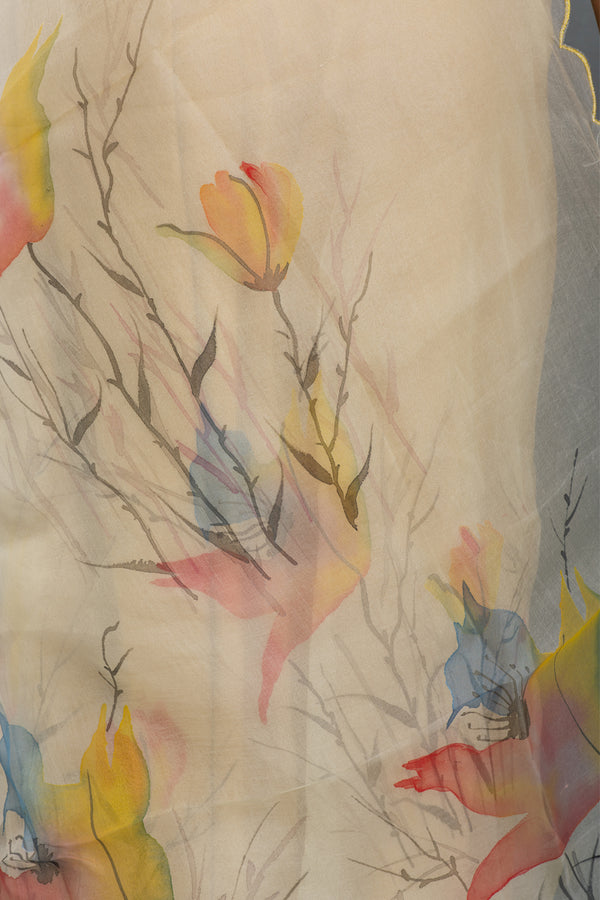 Birds of Paradise Flower Organza Hand-painted Sari