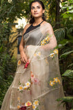 Roses and Wild Flowers Garden Organza Hand-painted Sari-064