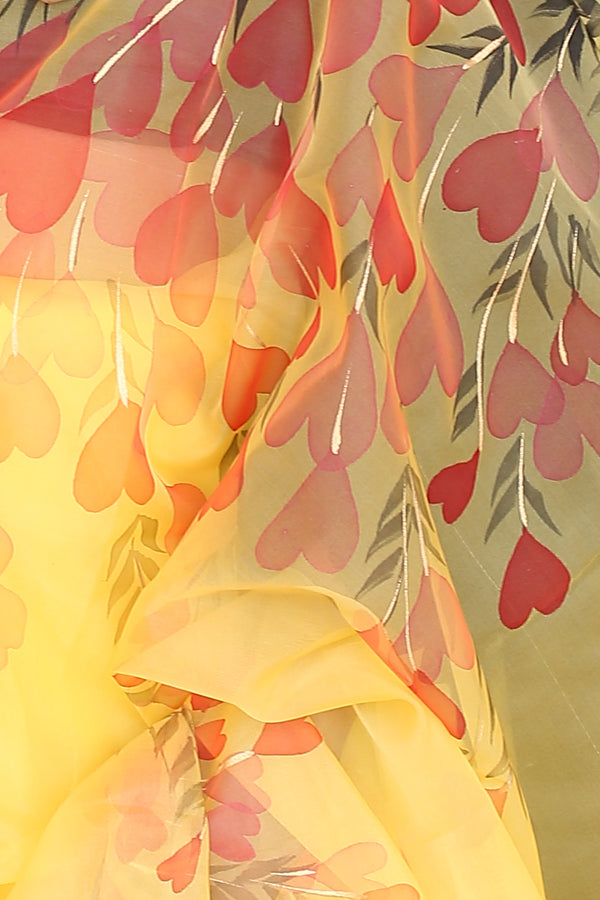 Red Floral Garden on Mustard Yellow-Organza Hand-painted Saree