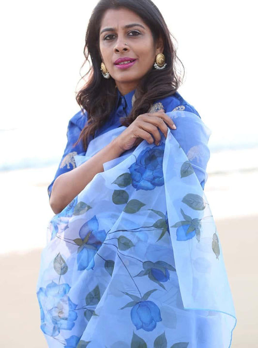 Blossom of Blue Roses-Organza Hand-painted Saree-004 - indeloom