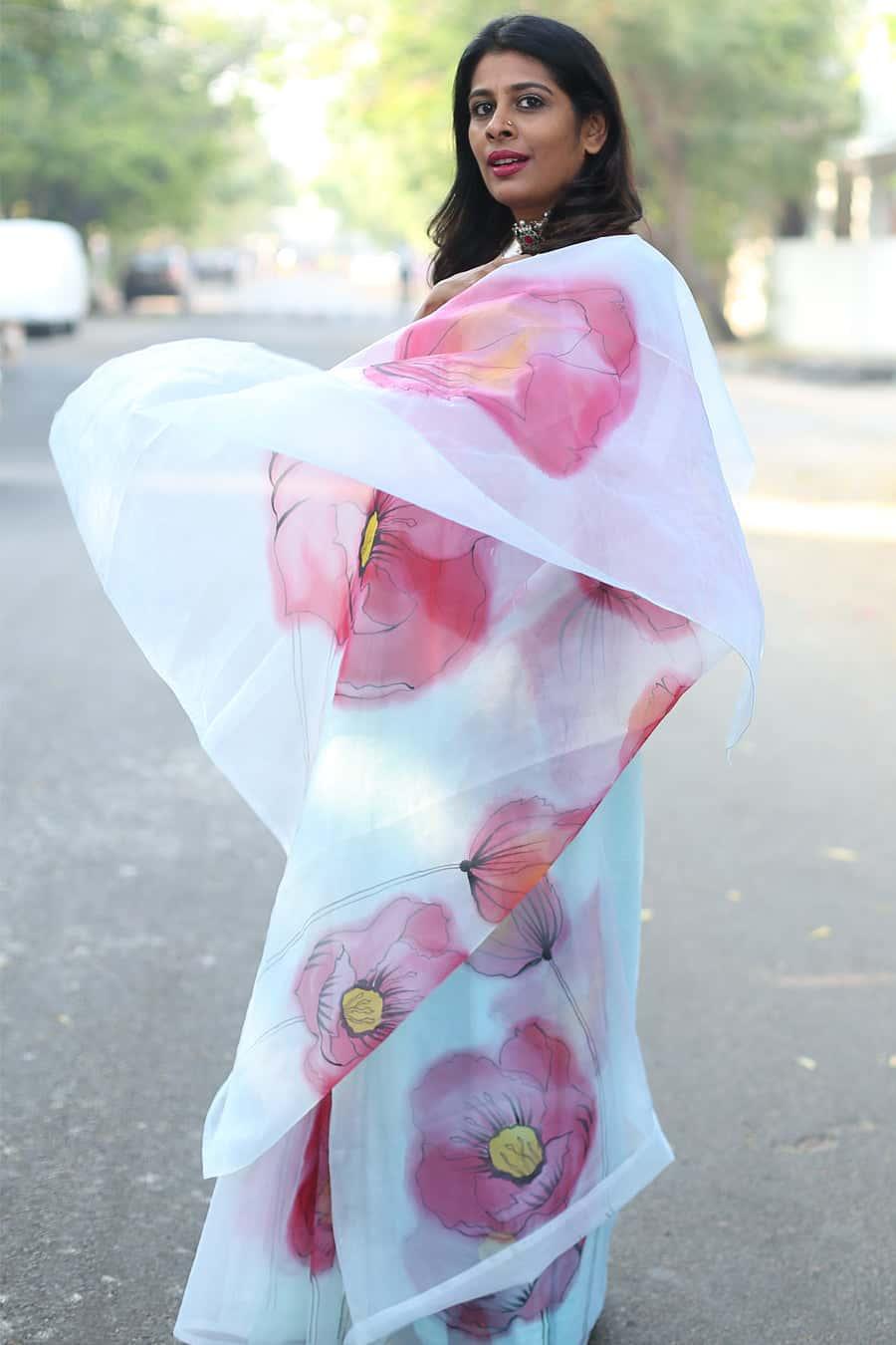 Hot Pink Poppy Burst Floral With Golden Buds-Organza Handpainted Saree-001 - indeloom