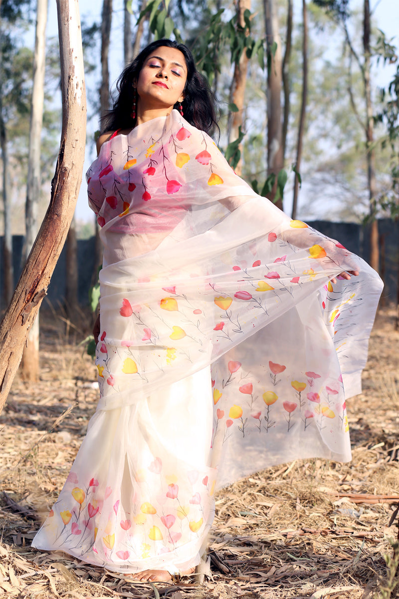 Multi Color Floral Handpainted Pure Silk Organza Sari