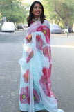 Hot Pink Poppy Burst Floral With Golden Buds-Organza Handpainted Saree-001 - indeloom