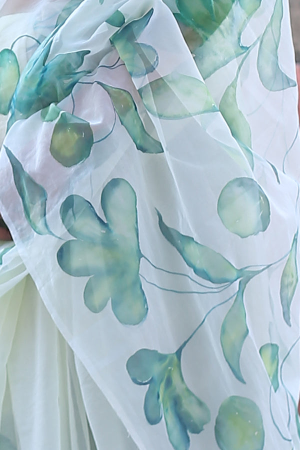 Moss Green Floral Garden Organza Hand-painted Sari