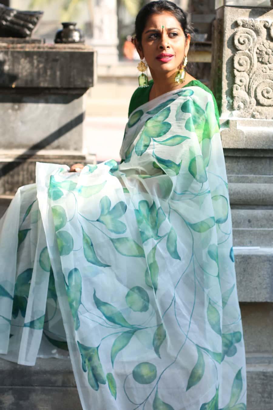 Moss Green Floral Garden Organza Hand-painted Sari-024