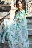 Moss Green Floral Garden Organza Hand-painted Sari-024