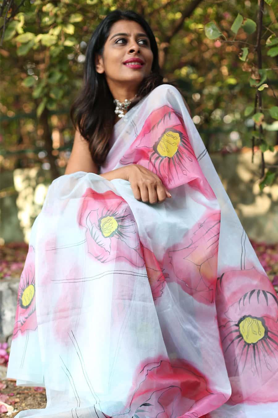 Hot Pink Poppy Burst Floral With Golden Buds-Organza Handpainted Saree-001 - indeloom