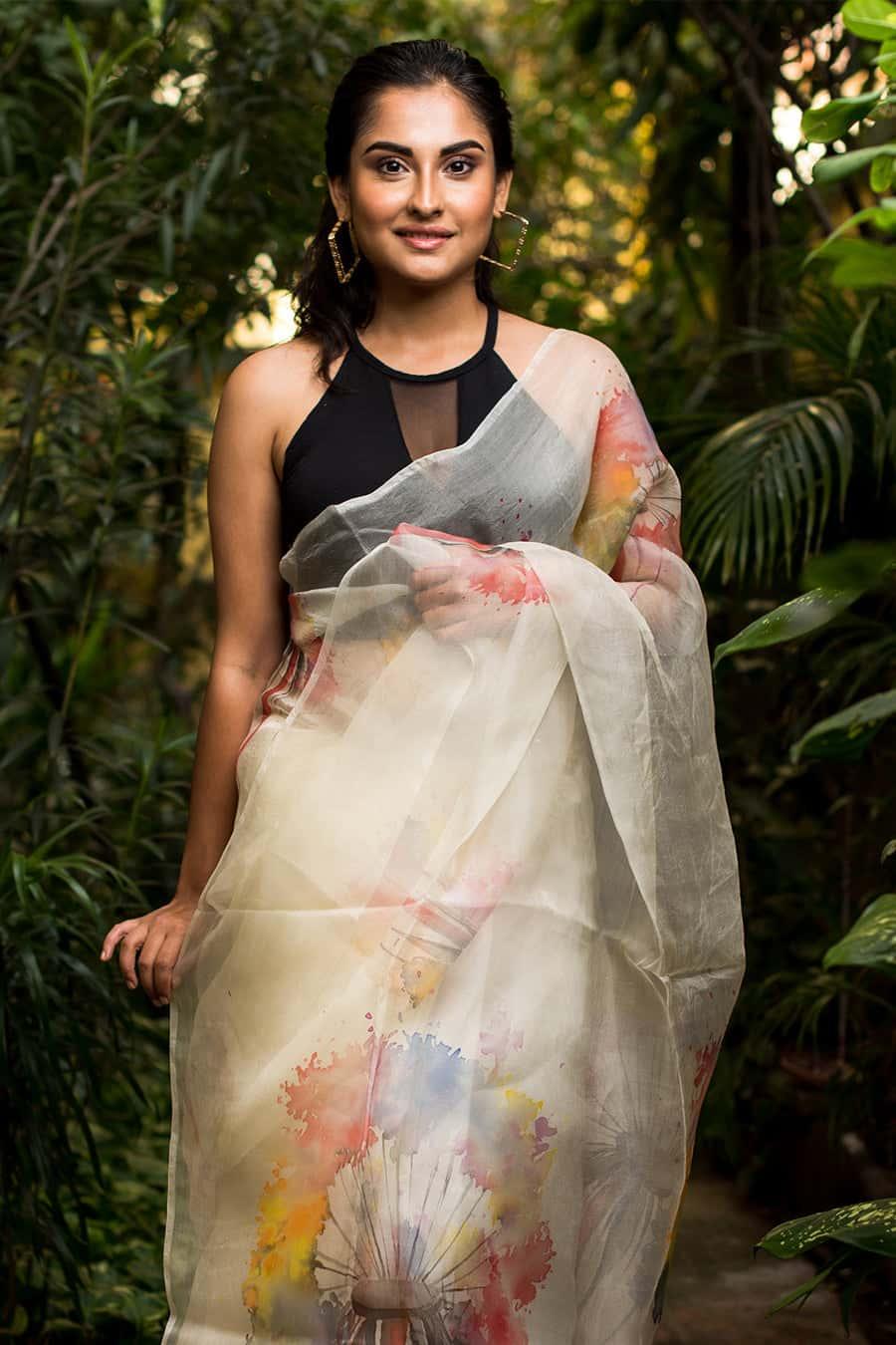 Multi Color Poppy Buds Garden Organza Hand-painted Saree-066
