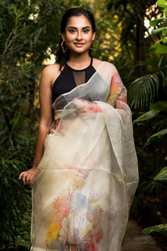 Multi Color Poppy Buds Garden Organza Hand-painted Saree-066