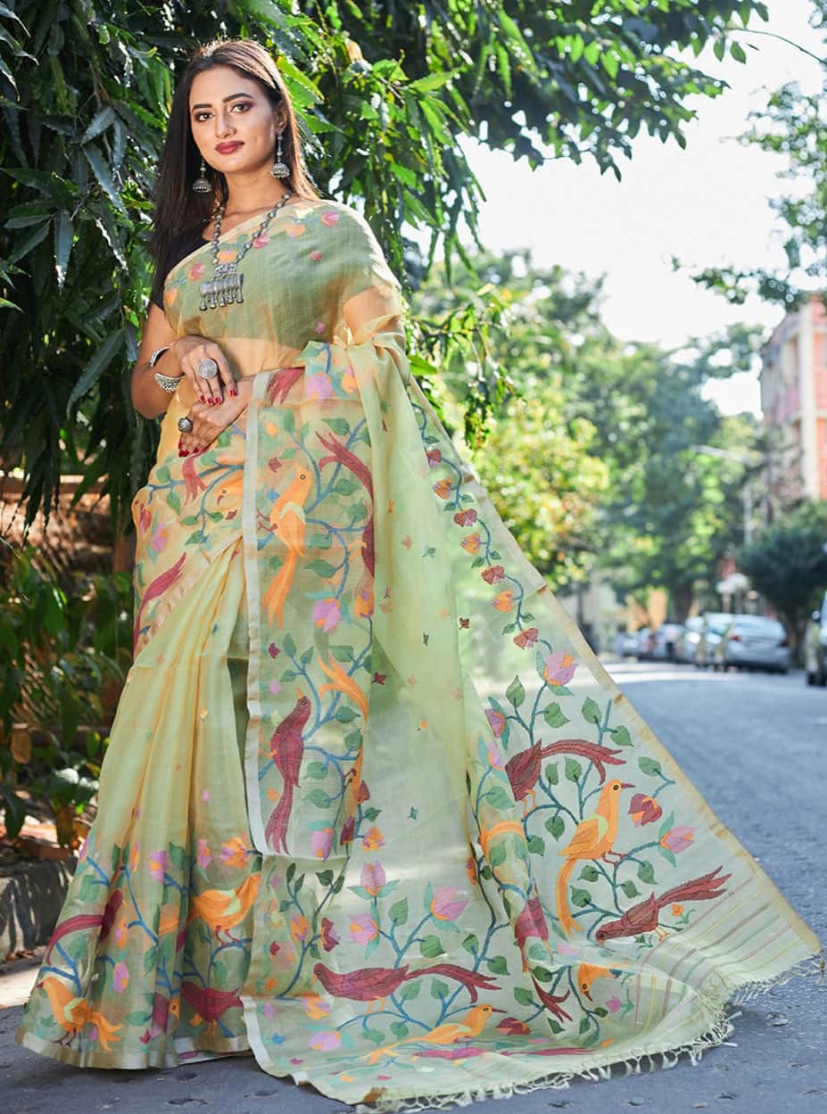 Lemon Yellow All Over Floral And Birds Jamdani Silk Saree(Pre-Order)-028 - indeloom