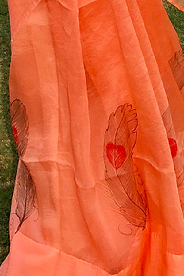 Feathers With Hearts N Love Scribble-Organza Hand-painted Sari