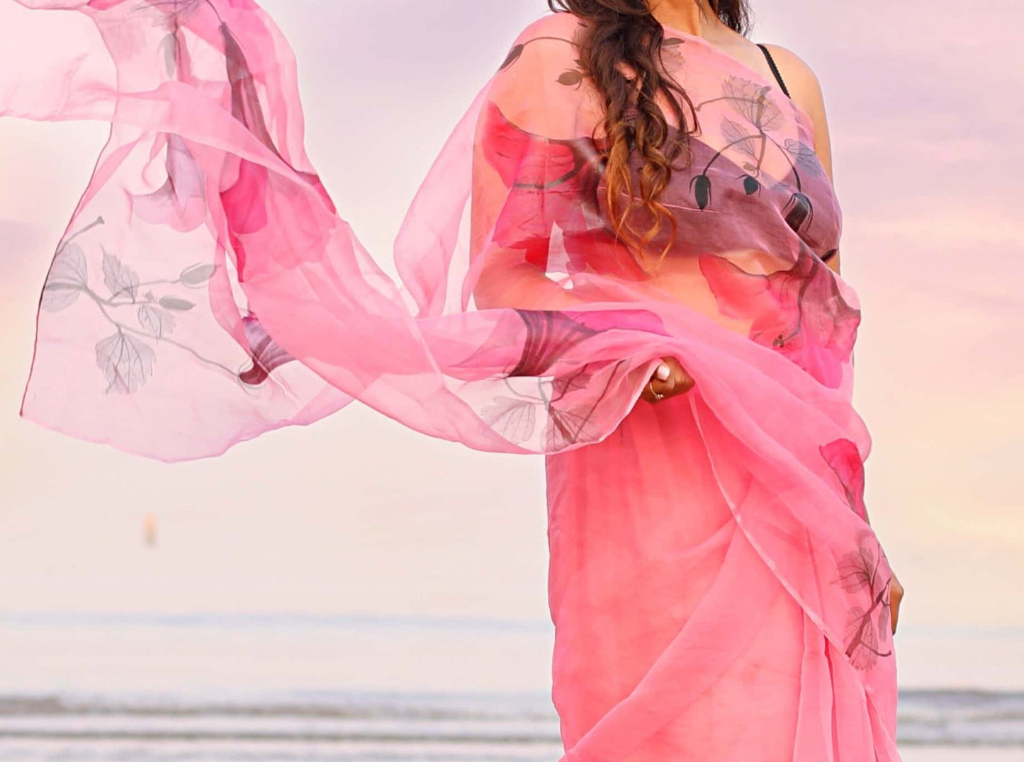 Dark Pink Florals on Organza Hand-painted Saree-009 - indeloom