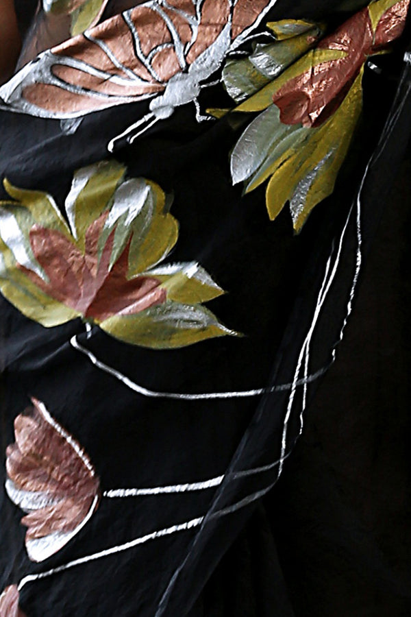 Acrylic Butterflies and Peonies in Black-Organza Hand-painted Sari