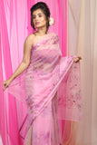 Mauve Pink Floral Gardens Organza Hand-painted Saree - indeloom