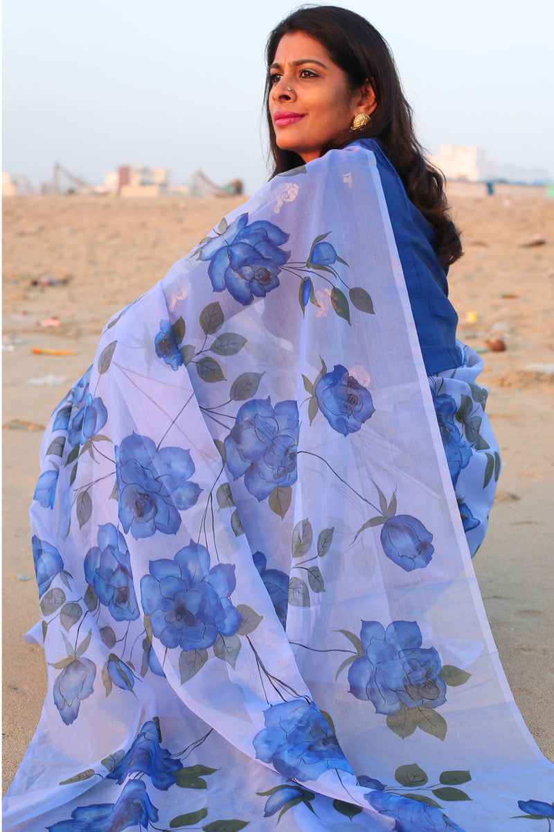 Blossom of Blue Roses-Organza Hand-painted Sari