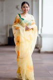 Lemon Yellow Poppies Organza Hand-painted Sari-056 - indeloom