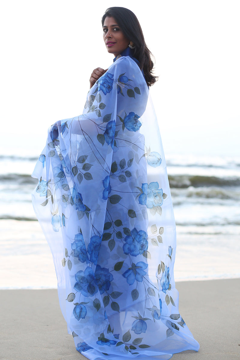 Blossom of Blue Roses-Organza Hand-painted Sari
