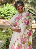 Pink Florals Garden on Ivory White Mulberry Silk Hand-painted Saree-003