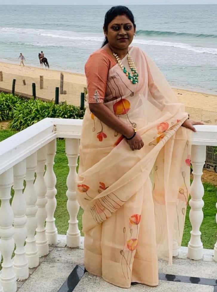 Poppies on Orange Peach-Organza Hand-painted Sari-028