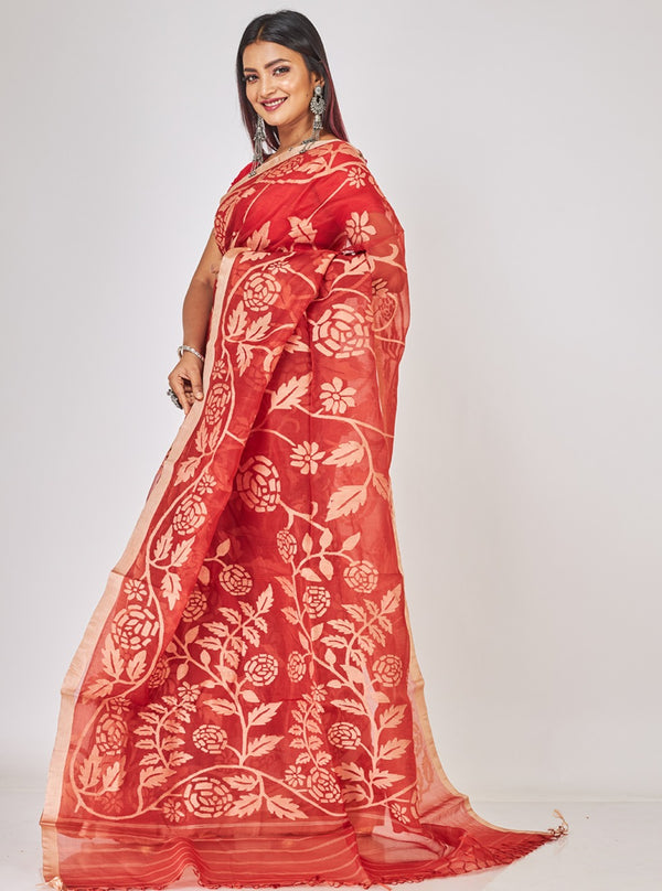 Crimson Red & Floral Silk Jamdani Saree-20