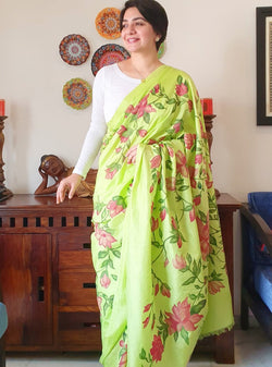 Lime Green  Handpainted Florals On Pure Bangalore Silk-Organza Hand-painted Sari