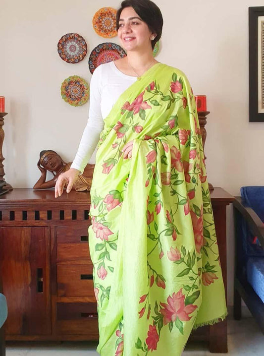 Lime Green Handpainted Florals on Bangalore Silk Saree-006 - indeloom