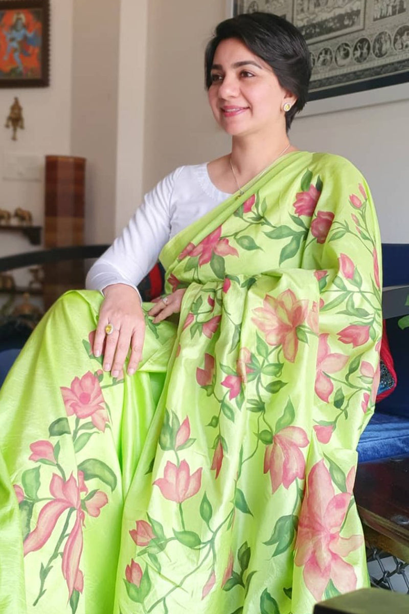Lime Green  Handpainted Florals On Pure Bangalore Silk-Organza Hand-painted Sari