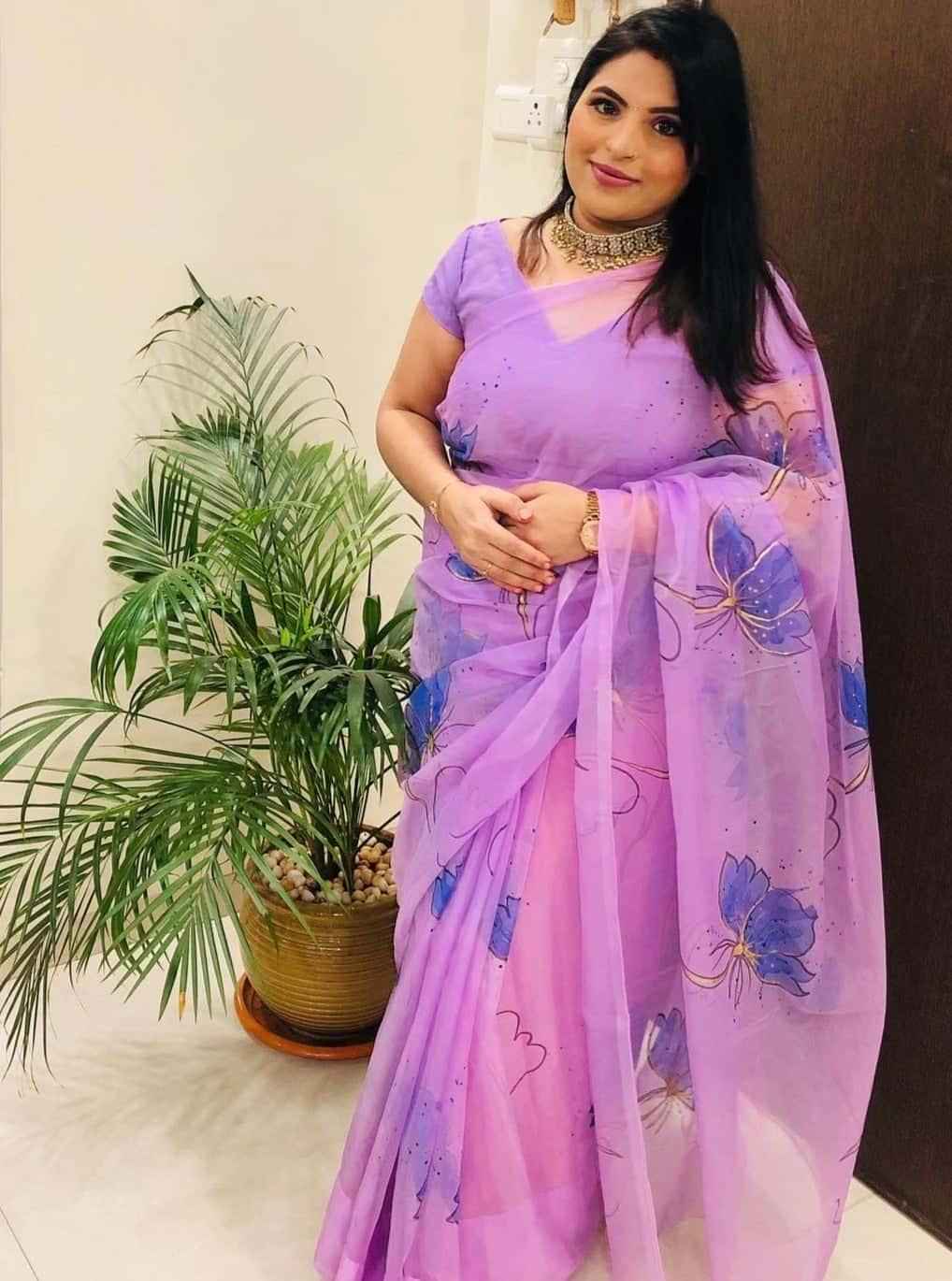 Lotus Flower Handpaint on Violet-Organza Hand-painted Sari-033