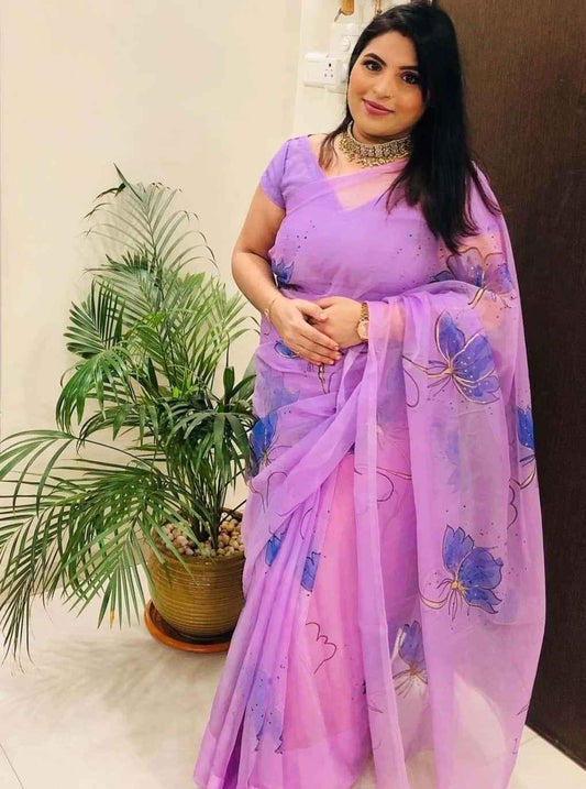 Lotus Flower Handpaint on Violet-Organza Hand-painted Sari-033