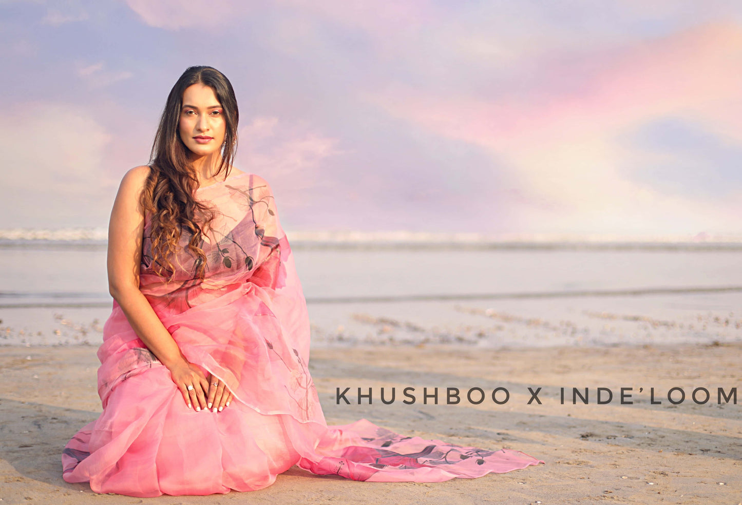 Dark Pink Florals on Organza Hand-painted Saree-009 - indeloom
