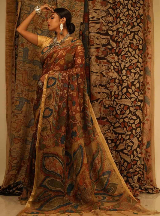 Traditional Handpainted Pen Kalamkari Kota Silk Saree | Cocoa Brown
