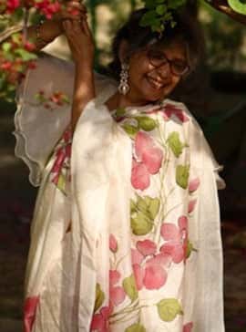 Pink Florals Garden on Ivory White Mulberry Silk Hand-painted Saree-003