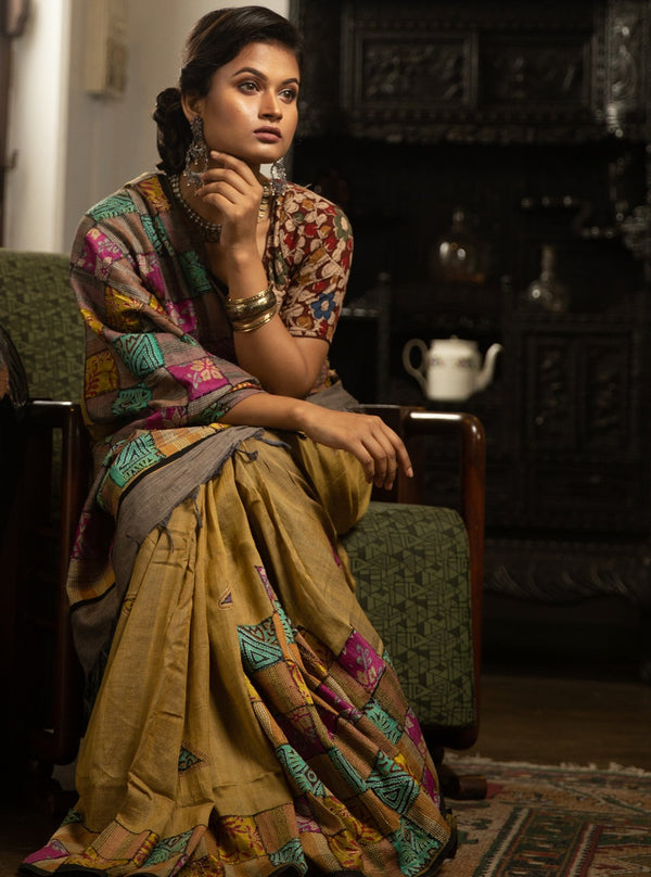 Beige Brown Floral Kantha Hand Embroidery Sari