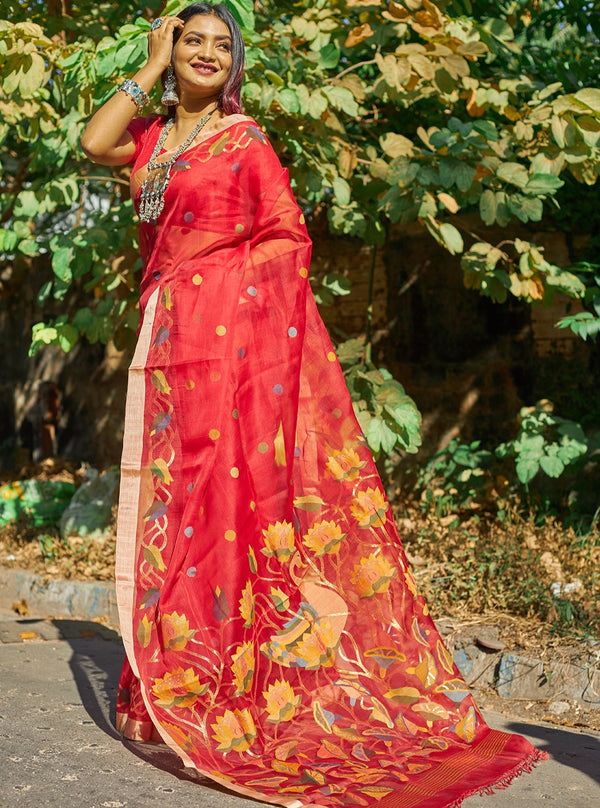 Ruby Red & Floral Muslin Silk Muslin Silk Jamdani Saree-032