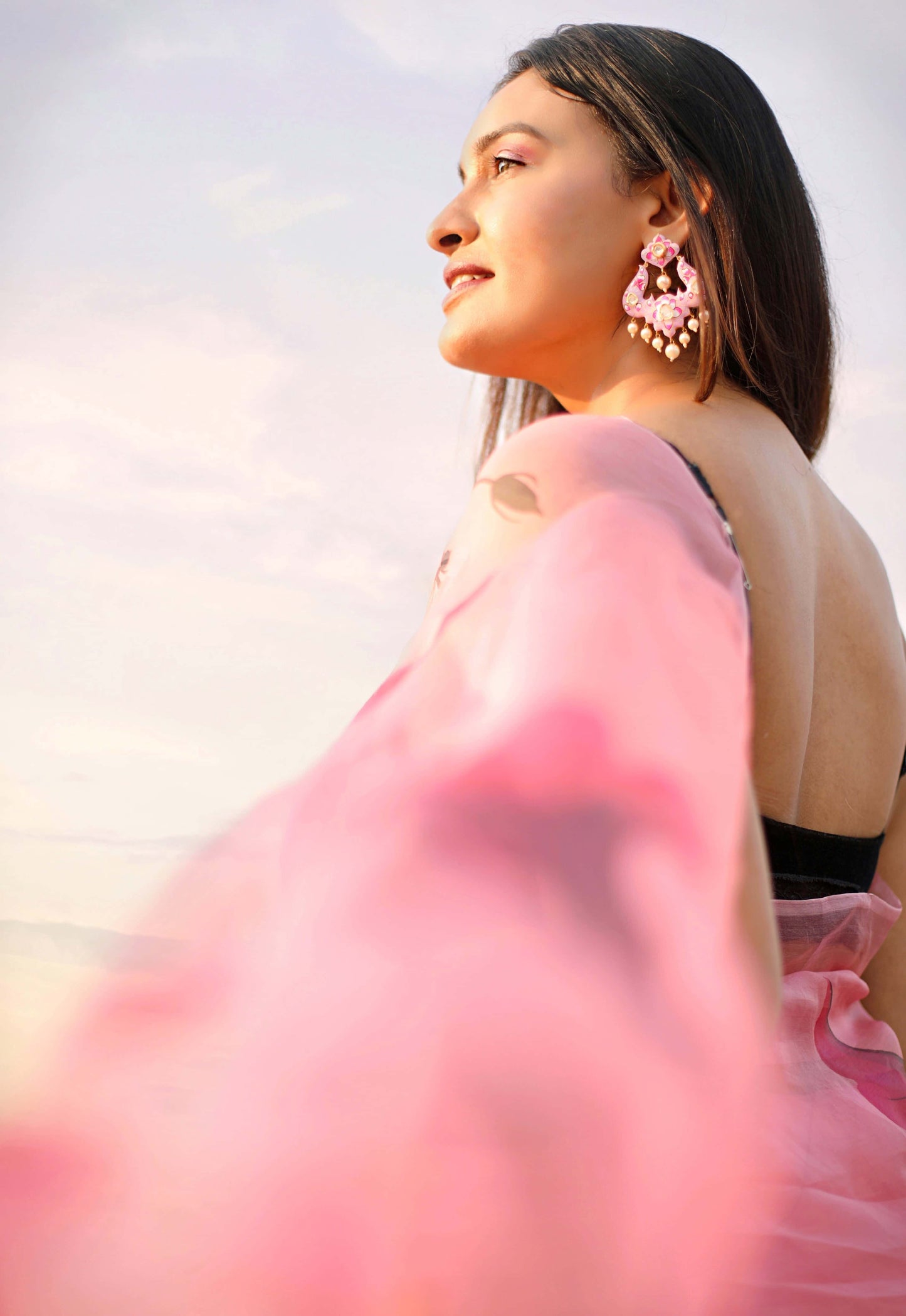 Dark Pink Florals on Organza Hand-painted Saree-009 - indeloom