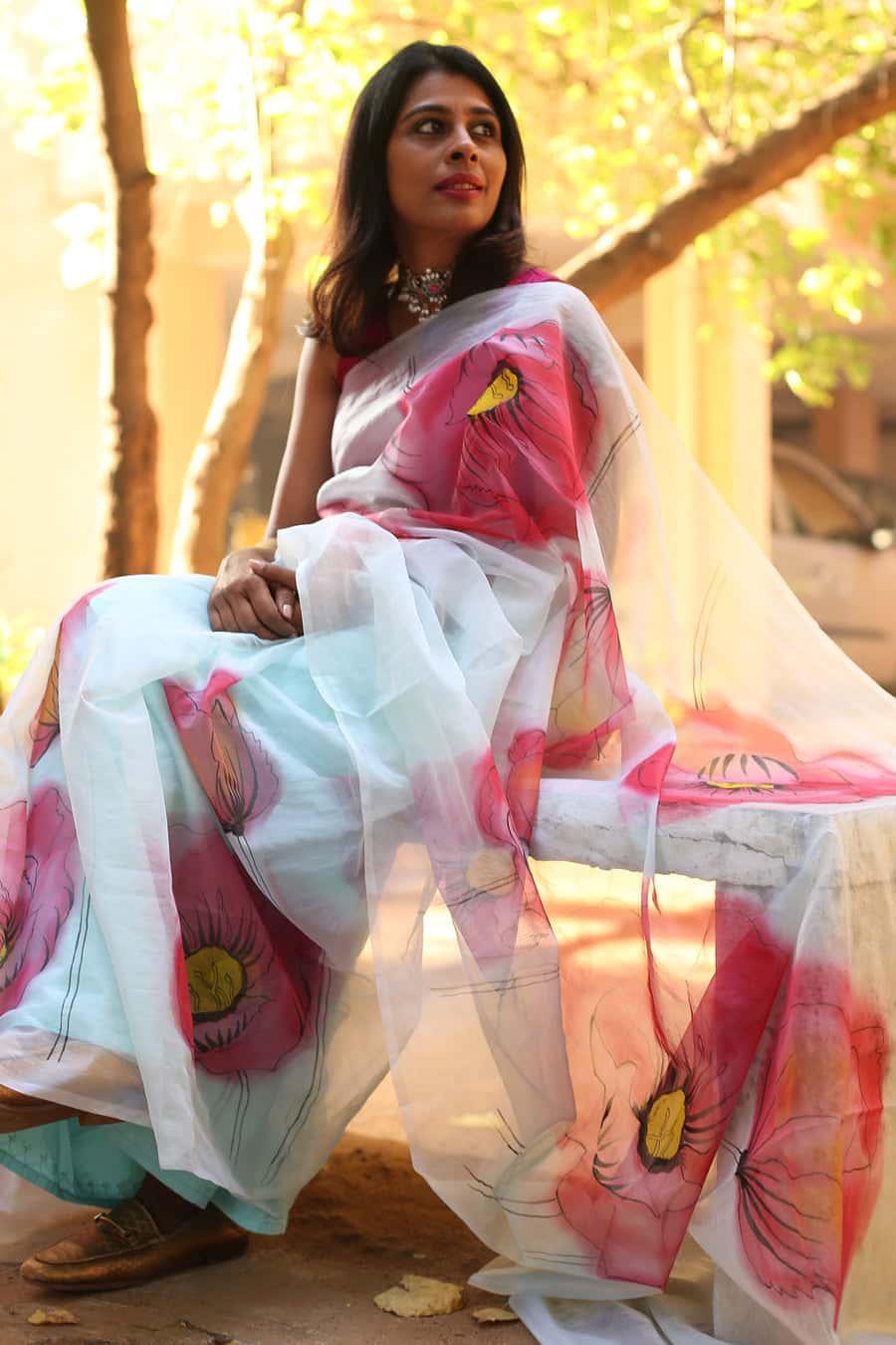 Hot Pink Poppy Burst Floral With Golden Buds-Organza Handpainted Saree-001 - indeloom