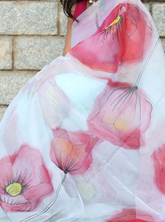 Hot Pink Poppy Burst Floral With Golden Buds-Organza Handpainted Saree-001 - indeloom