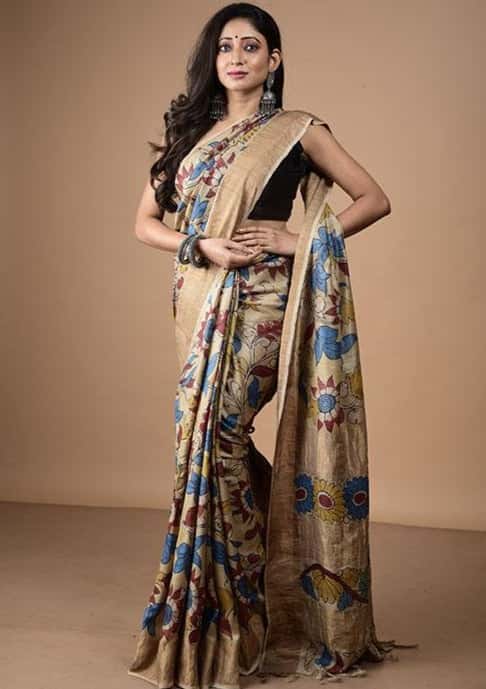 Pen Kalamkari Sari Cobalt Blue Garden Floral In Tussar Silk-013