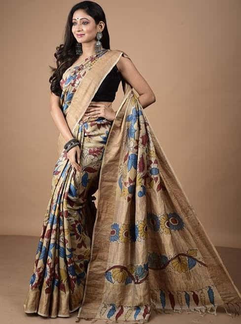 Pen Kalamkari Sari Cobalt Blue Garden Floral In Tussar Silk-013