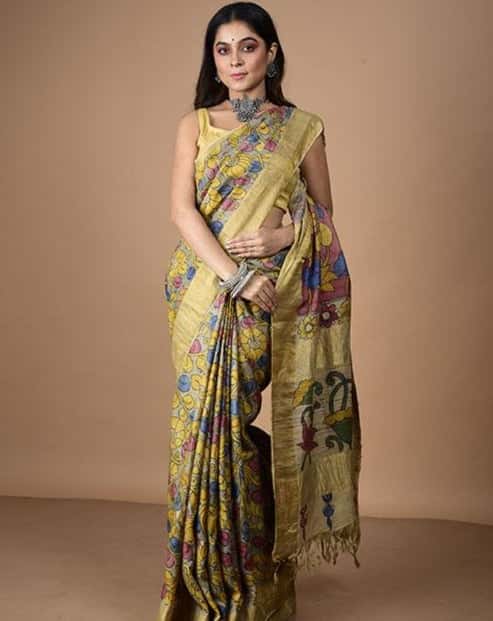Bumblebee Yellow Floral with Red In Palla On Tussar silk Saree-014 - indeloom