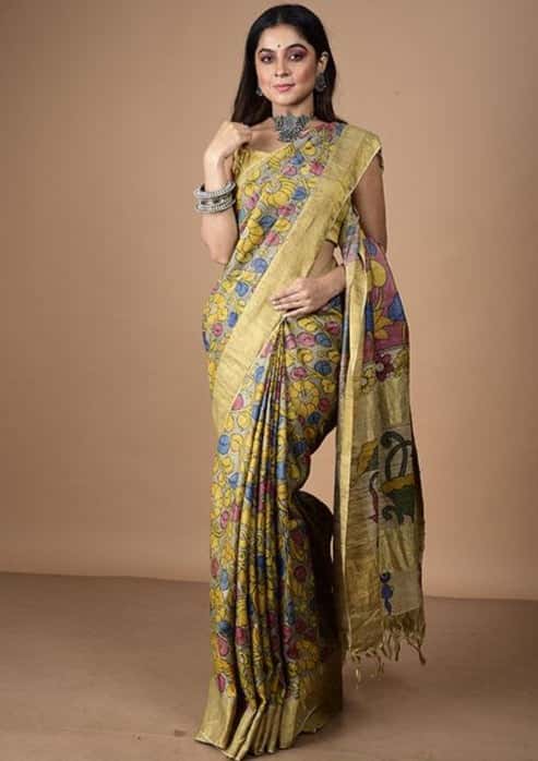 Bumblebee Yellow Floral with Red In Palla On Tussar silk Saree-014 - indeloom