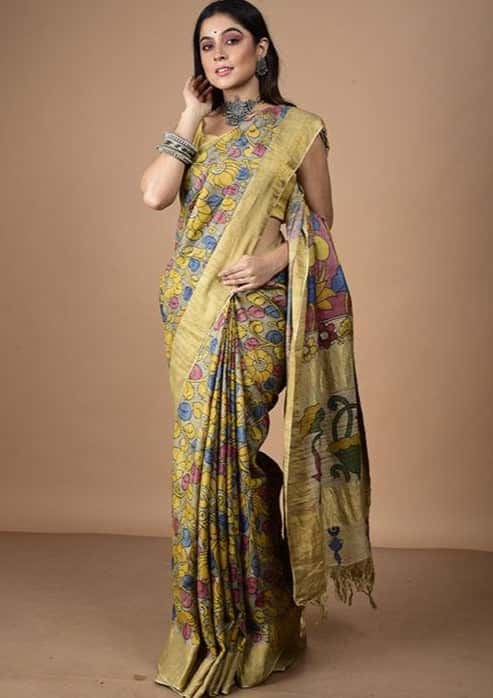 Bumblebee Yellow Floral with Red In Palla On Tussar silk Saree-014 - indeloom