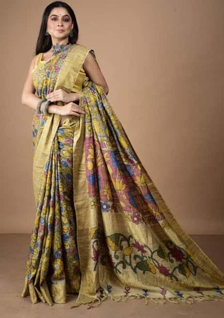 Bumblebee Yellow Floral with Red In Palla On Tussar silk Saree-014 - indeloom