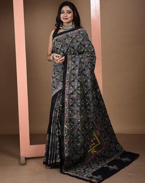 Multicolor Geometric Pattern Kantha Saree on Mulberry Silk