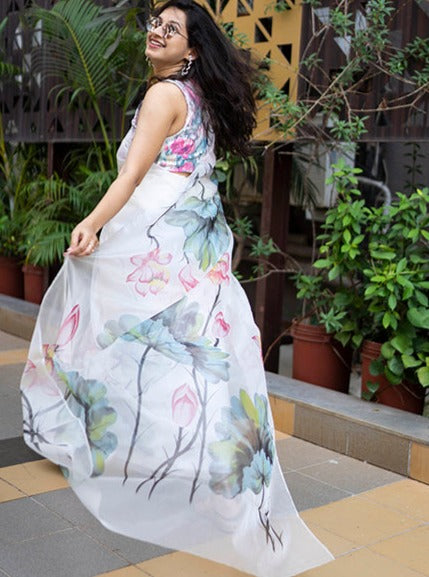 Designer Organza Hand-painted Floral Sari