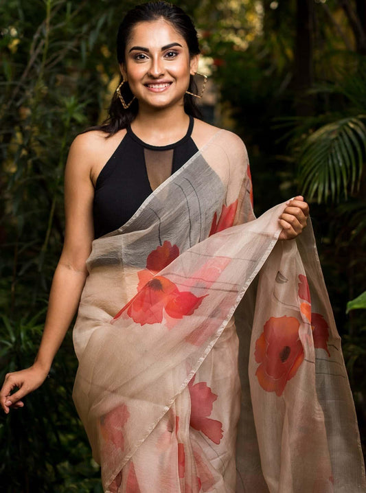 Garden of Poppy Flowers on Peach Organza Hand-painted Sari-062 - indeloom