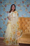 Flower & Multicolor florals On Beige White Organza Hand-painted Saree-029 - indeloom